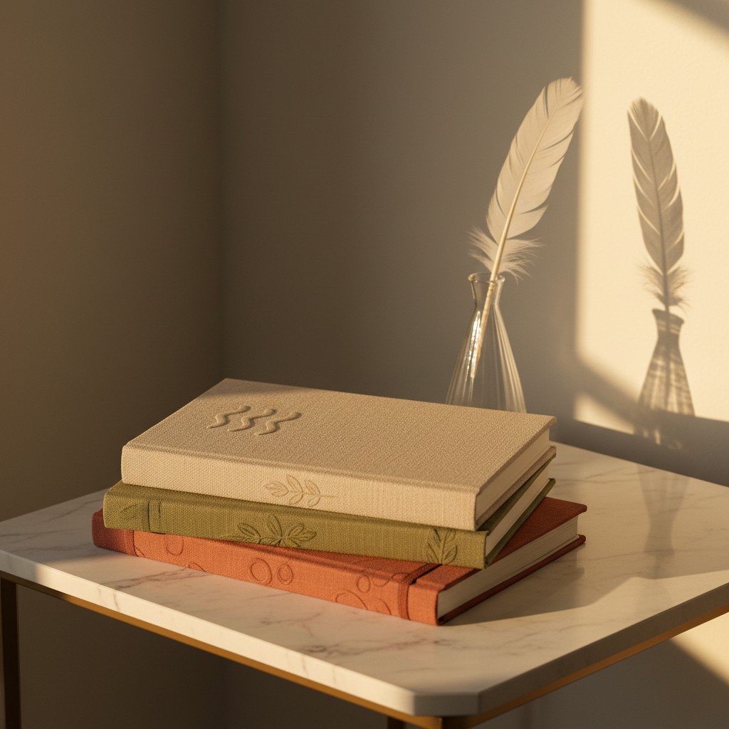 Stack of three books in shades of red, orange and brown with slightly embossed floral or geometric designs on covers. A gl...