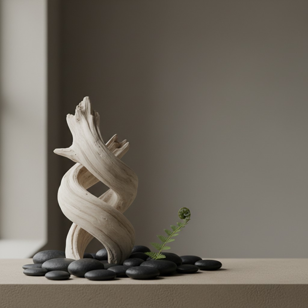 Succulent green plant sprouting from black flat stones and twisting curved wooden decoration. Captured in a studio with cl...