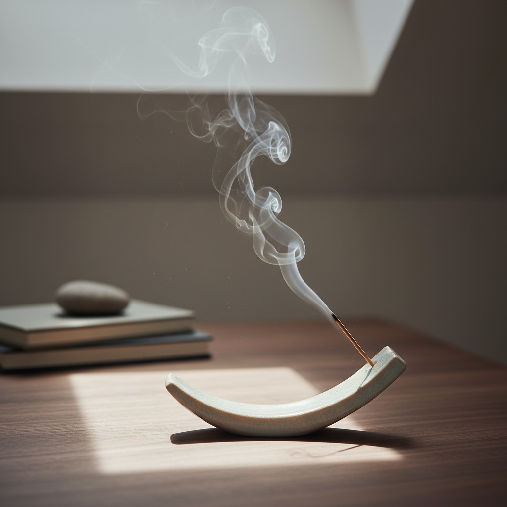 An incense stick emits smoke as it burns on a curved ceramic holder, with a stack of books and a stone in the background.
